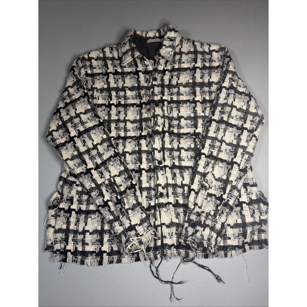 MNML Jacket Mens Size M White Black Button Woven Shacket Raw Hem Plaid Metallic